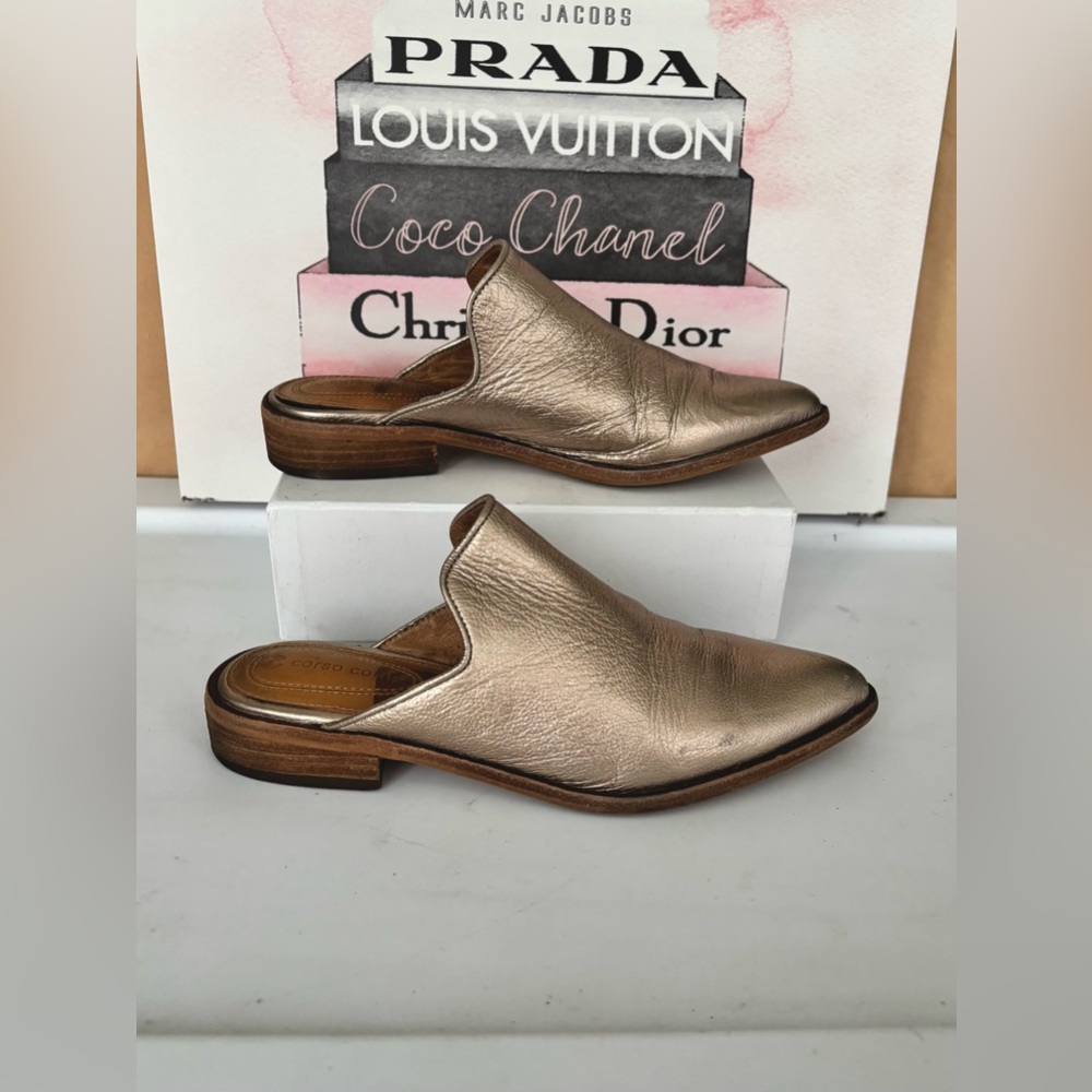 Corso Como Dylan Pointy Toe Mule Metallic Gold Leather Short Wood Heels Size 7 - Picture 4 of 11